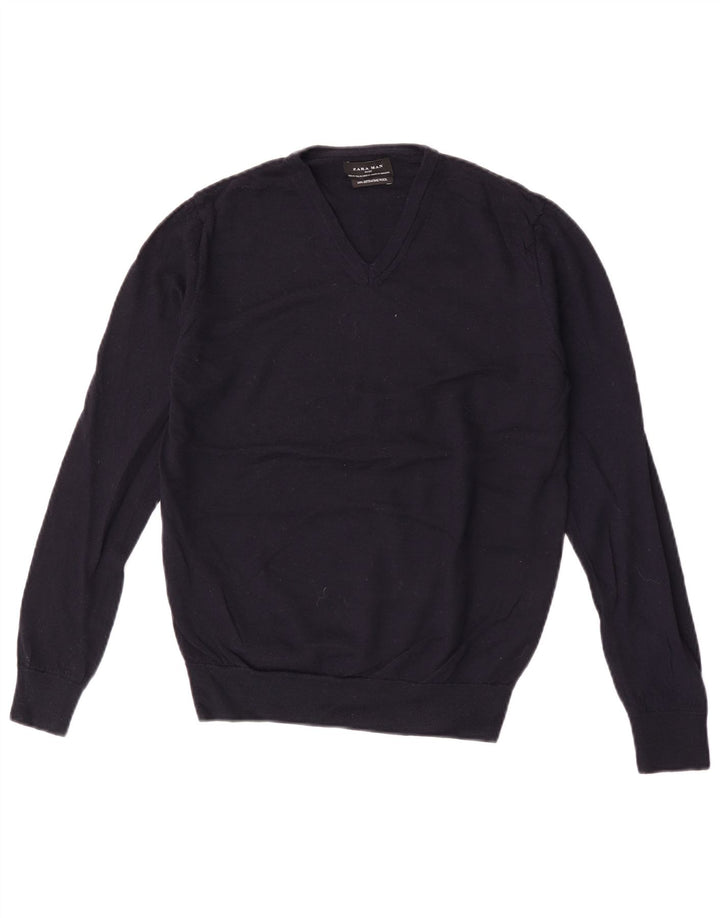 Maglione Zara da uomo con scollo a V, lana media blu navy