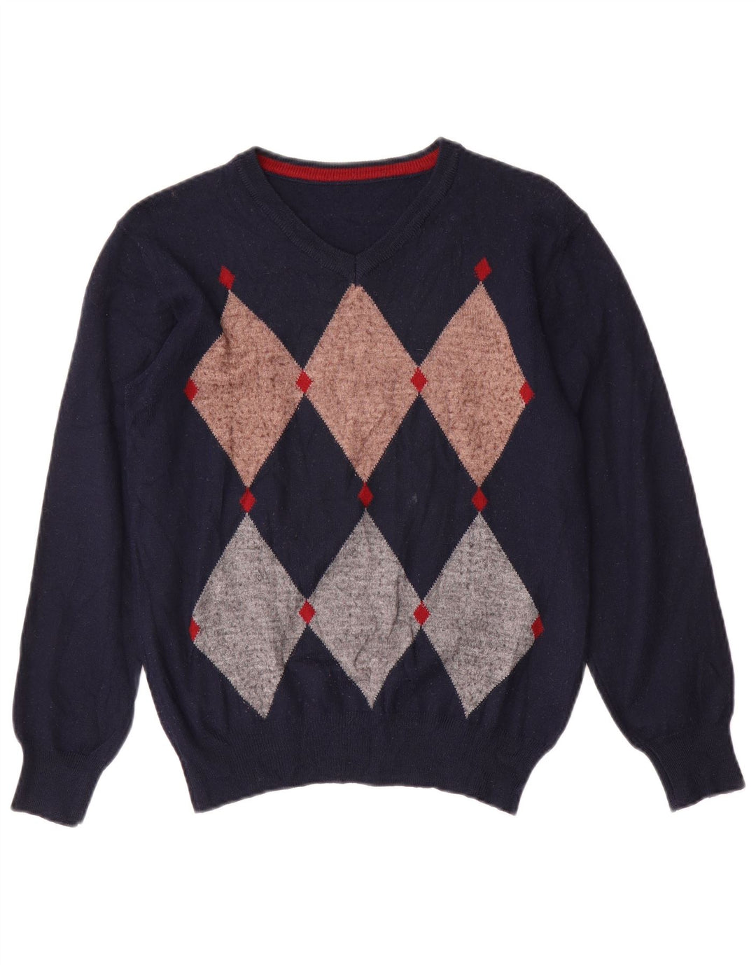 Maglione da donna vintage con scollo a V UK 14 Medio Blu Navy Argyle/Diamante