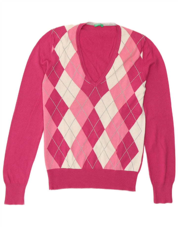 Maglione da donna con scollo a V Benetton UK 12 Argyle rosa medio/diamante
