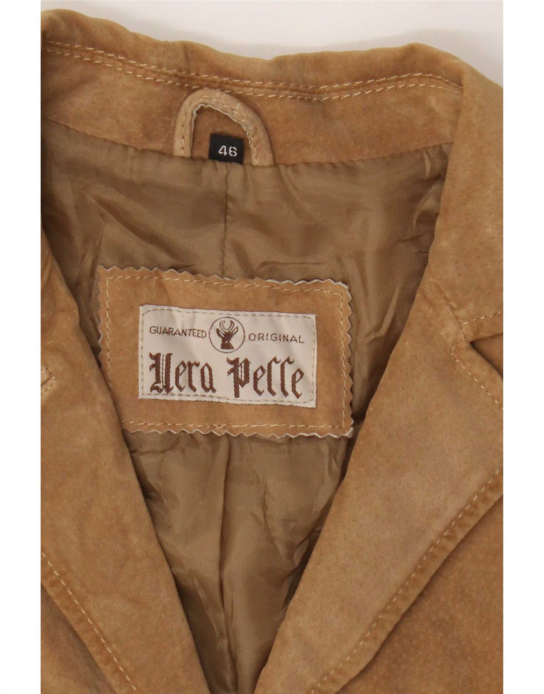Giacca blazer vintage da donna in pelle scamosciata a 3 bottoni IT 46 grande in pelle beige