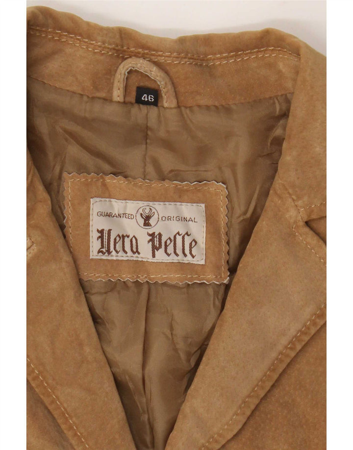 Giacca blazer vintage da donna in pelle scamosciata a 3 bottoni IT 46 grande in pelle beige