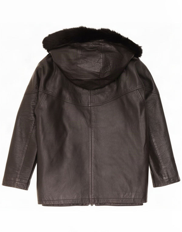 Vintage Womens Hooded Oversized Leather Jacket IT 44 Medium Black