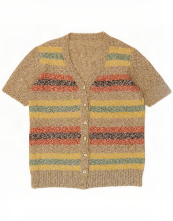 Maglione cardigan a maniche corte da donna vintage UK 14 a righe beige medio