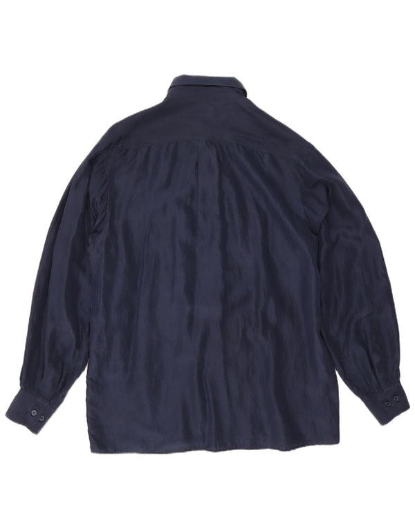 Camicia vintage da uomo grande in seta blu navy