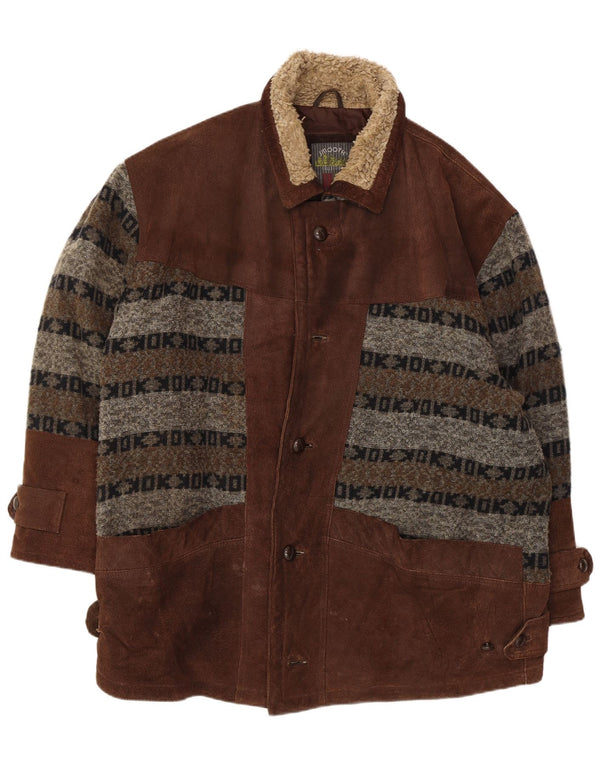 Smooth Mens Suede Windbreaker Coat UK 42 XL Brown Fair Isle Leather