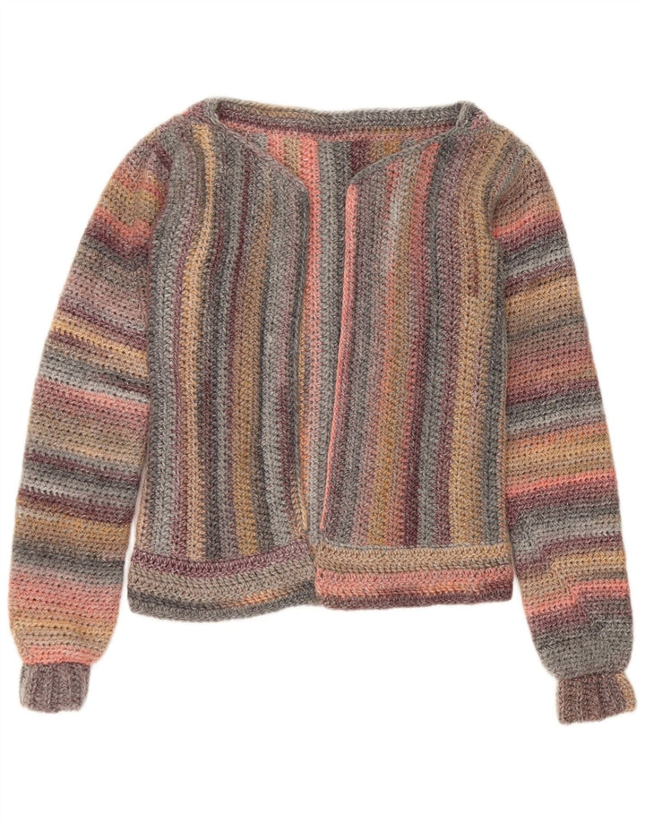 Maglione cardigan aperto da donna vintage UK 14 a righe multicolori medie