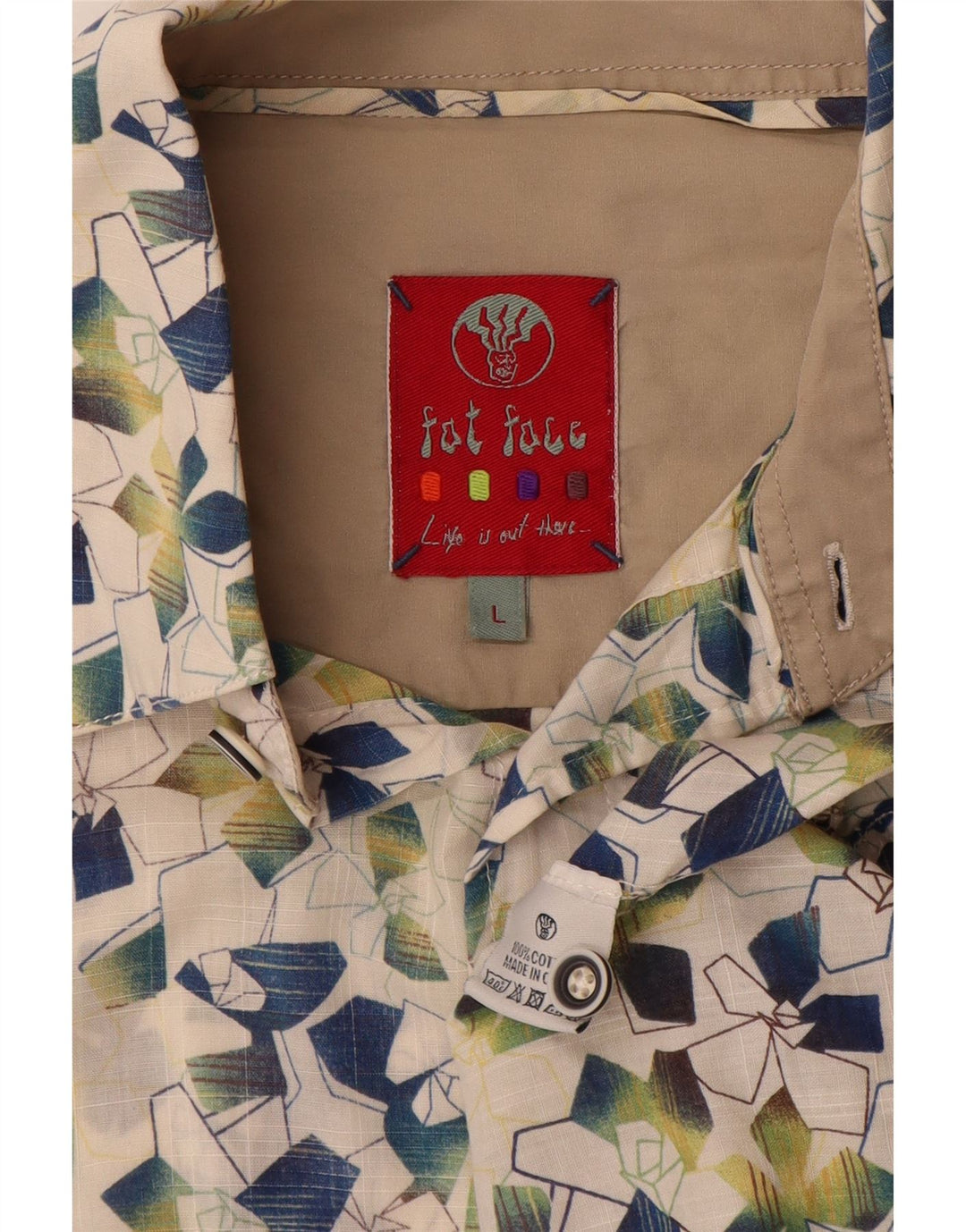 FAT FACE Camicia a maniche corte da uomo di grandi dimensioni in cotone geometrico bianco sporco