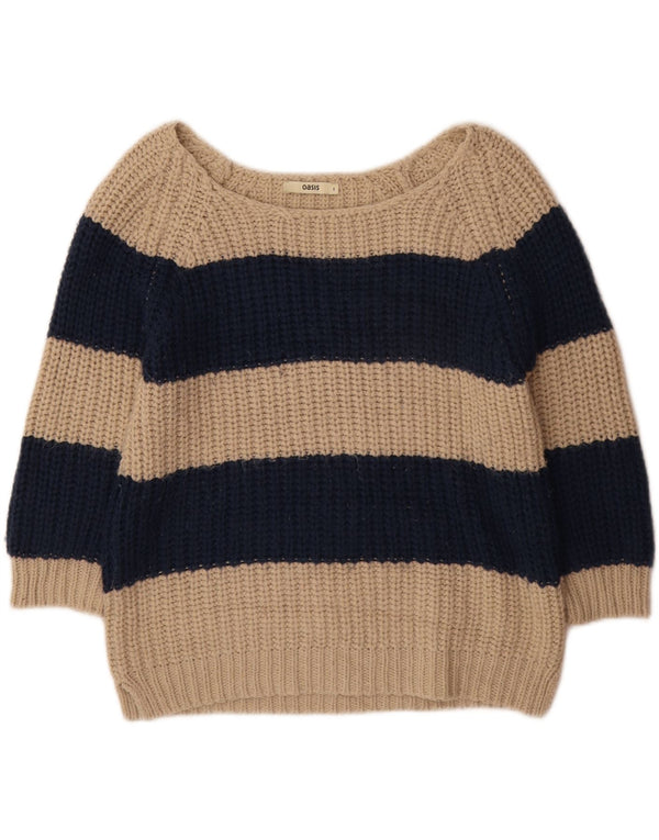 Oasis Maglione da donna con scollo a barca con maniche a 3/4 UK 10 Piccolo beige a righe