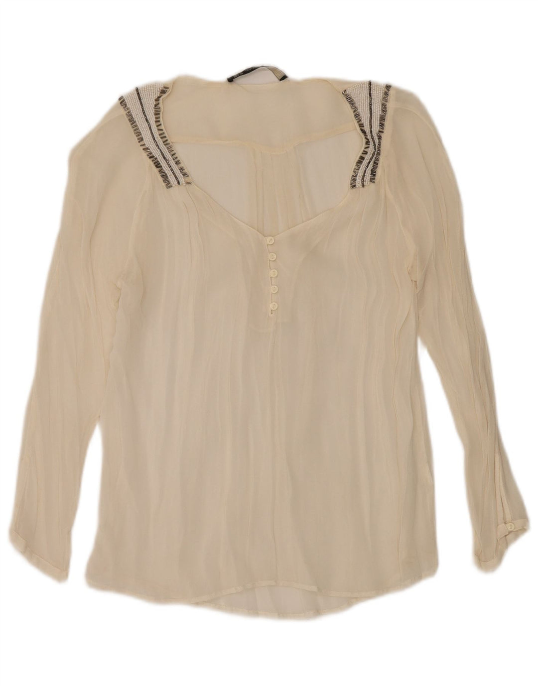 Zara Donna Camicetta Oversize Trasparente a Maniche Lunghe Top UK 10 Small Beige