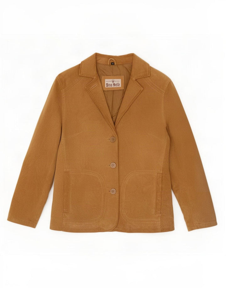 Giacca blazer vintage da donna in pelle scamosciata a 3 bottoni IT 46 grande in pelle beige