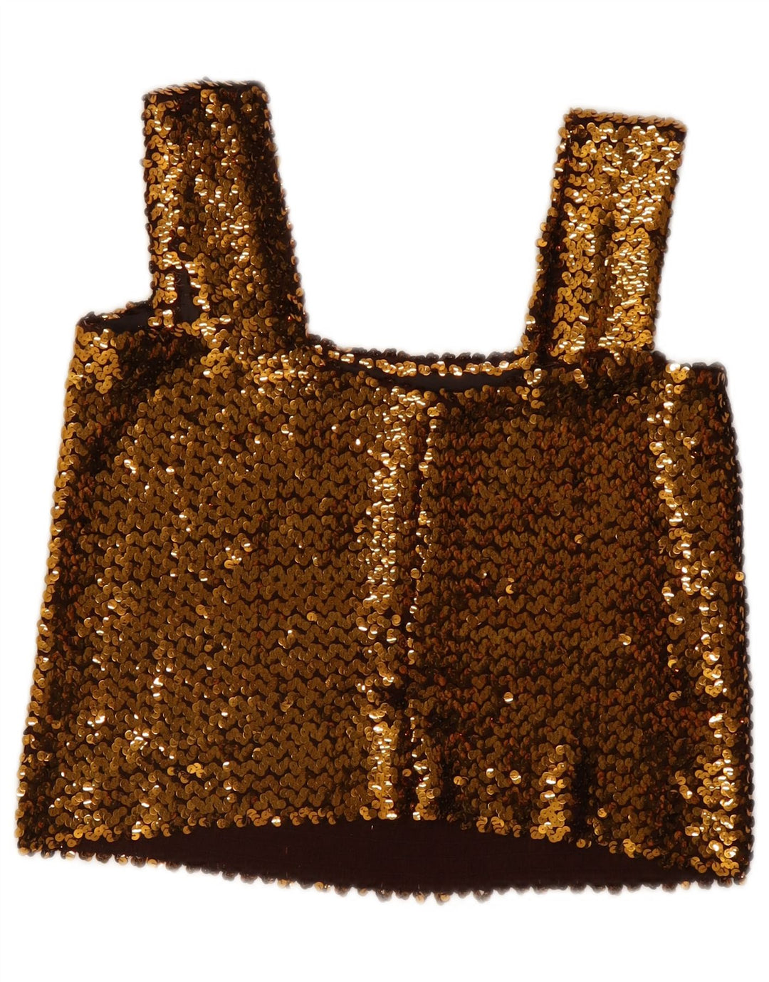 Top corto vintage con paillettes da donna senza maniche UK 12 oro medio