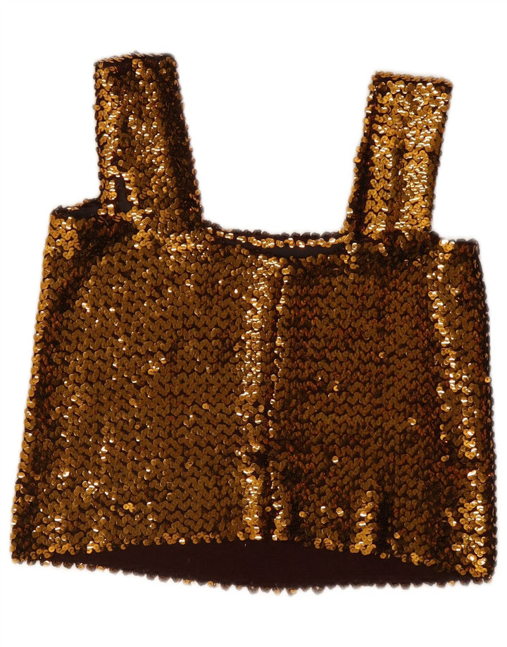Top corto vintage con paillettes da donna senza maniche UK 12 oro medio