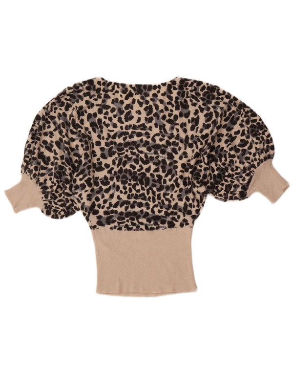 Camicetta vintage da donna con maniche a 3/4 Top UK 10 Piccola viscosa con stampa animalier beige