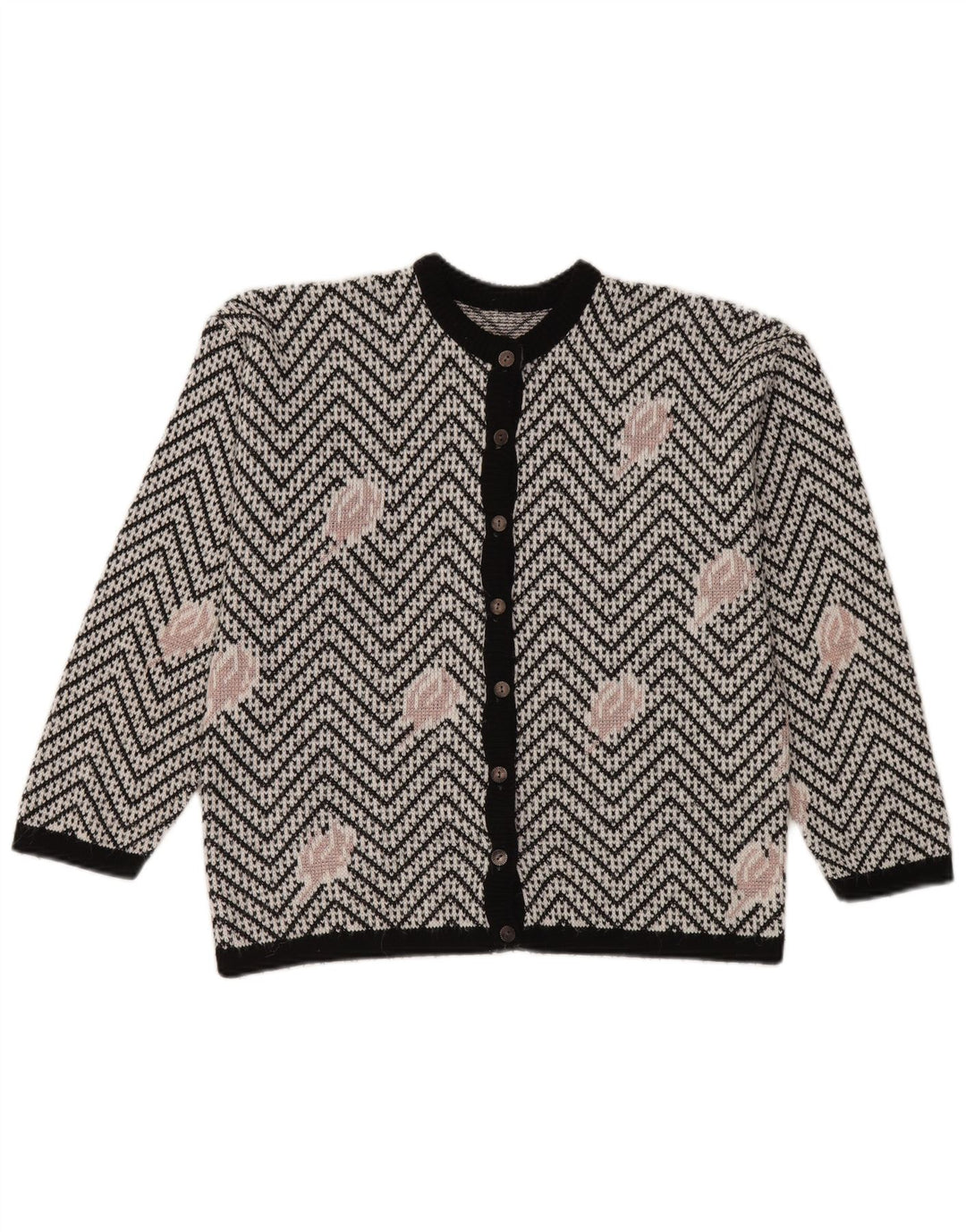 Maglione cardigan da donna vintage UK 16 grande Chevron bianco