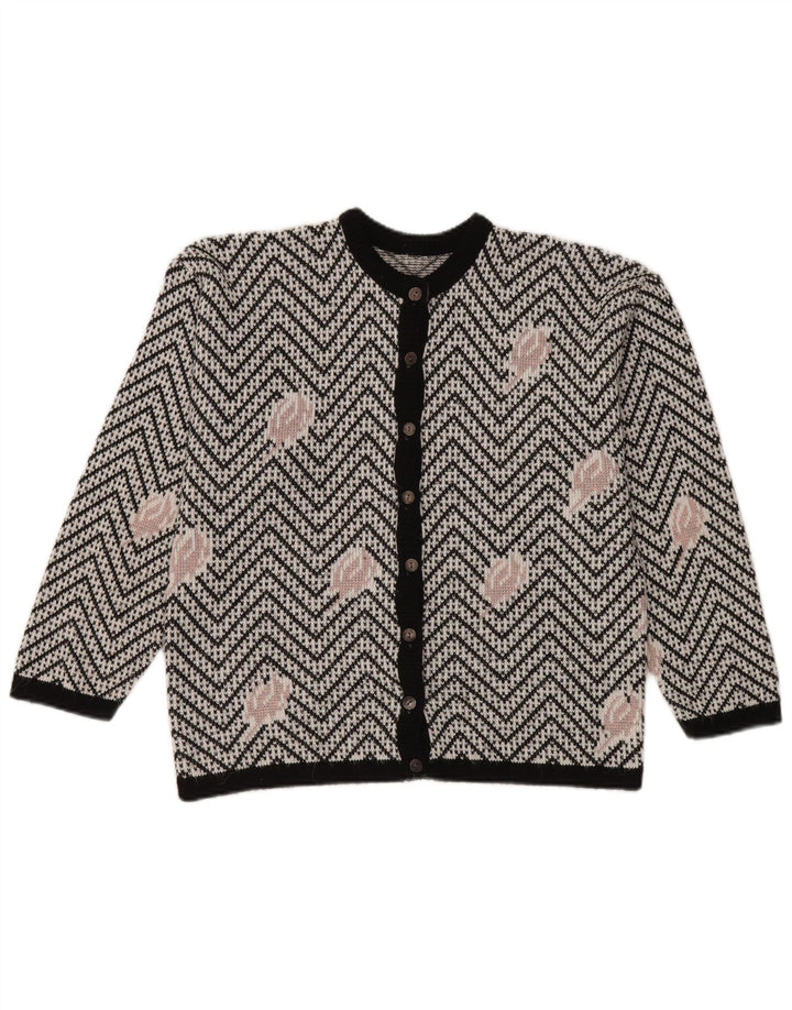 Maglione cardigan da donna vintage UK 16 grande Chevron bianco