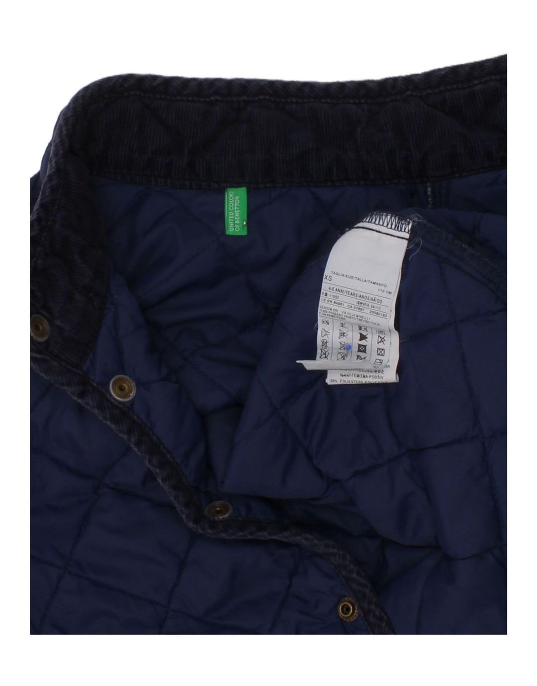 BENETTON Boys Quilted Jacket 4-5 Years XS Navy Blue Polyamide Vintage Benetton and Second-Hand Benetton from Messina Hembry 