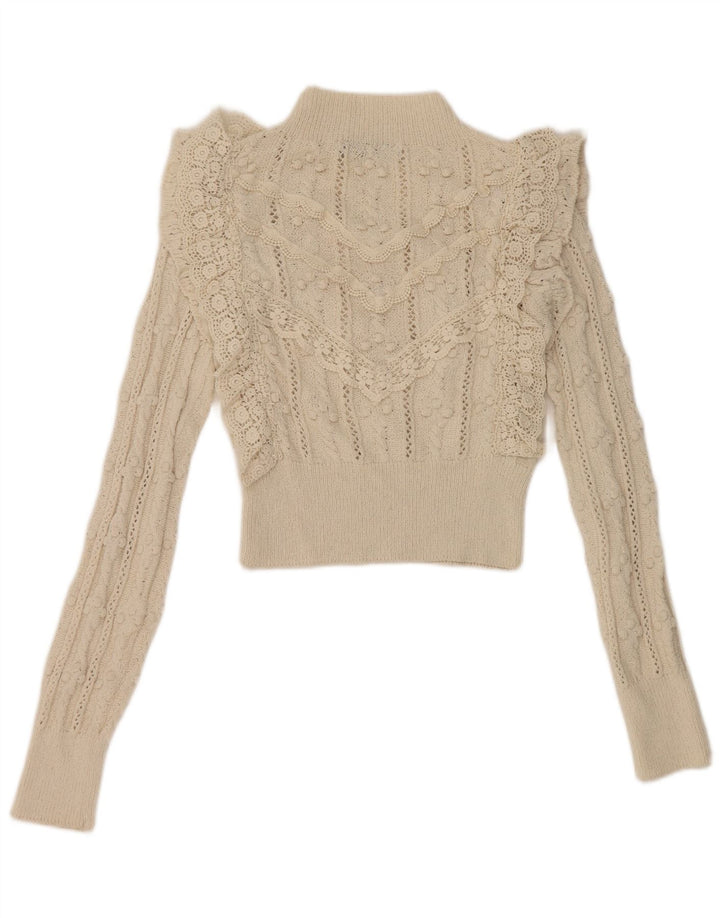 Maglione Zara da donna con collo dolcevita con volant sul davanti UK 10 piccolo bianco sporco
