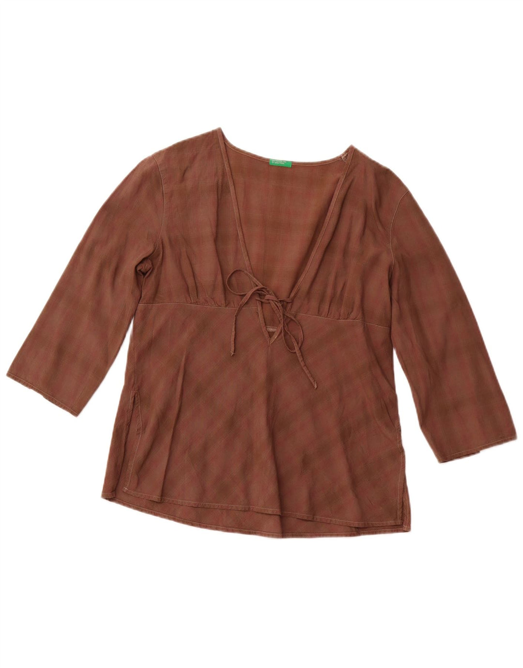 BENETTON Womens 3/4 Sleeve Blouse Top UK 12 Medium Brown Check Cotton