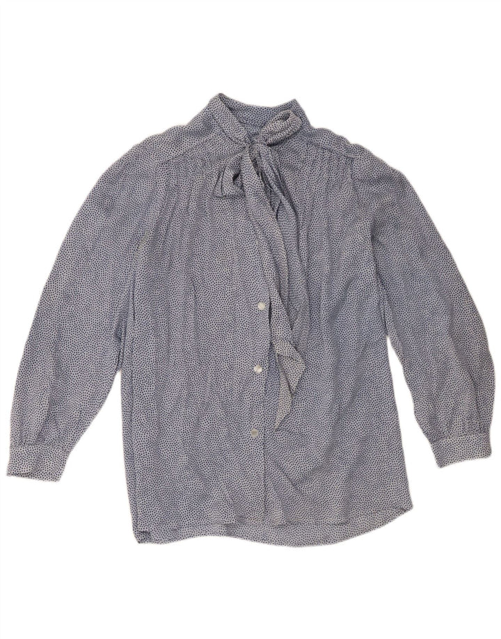 Camicetta vintage da donna con cravatta sul davanti UK 16 grande blu maculato