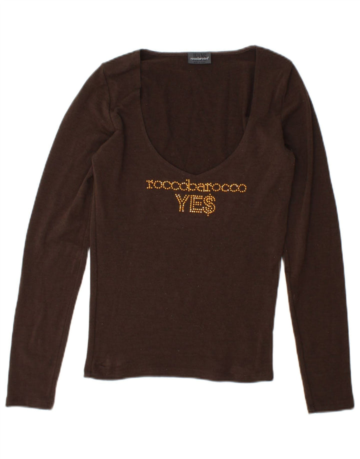 Roccobarocco Top grafico da donna manica lunga UK 12 Marrone medio