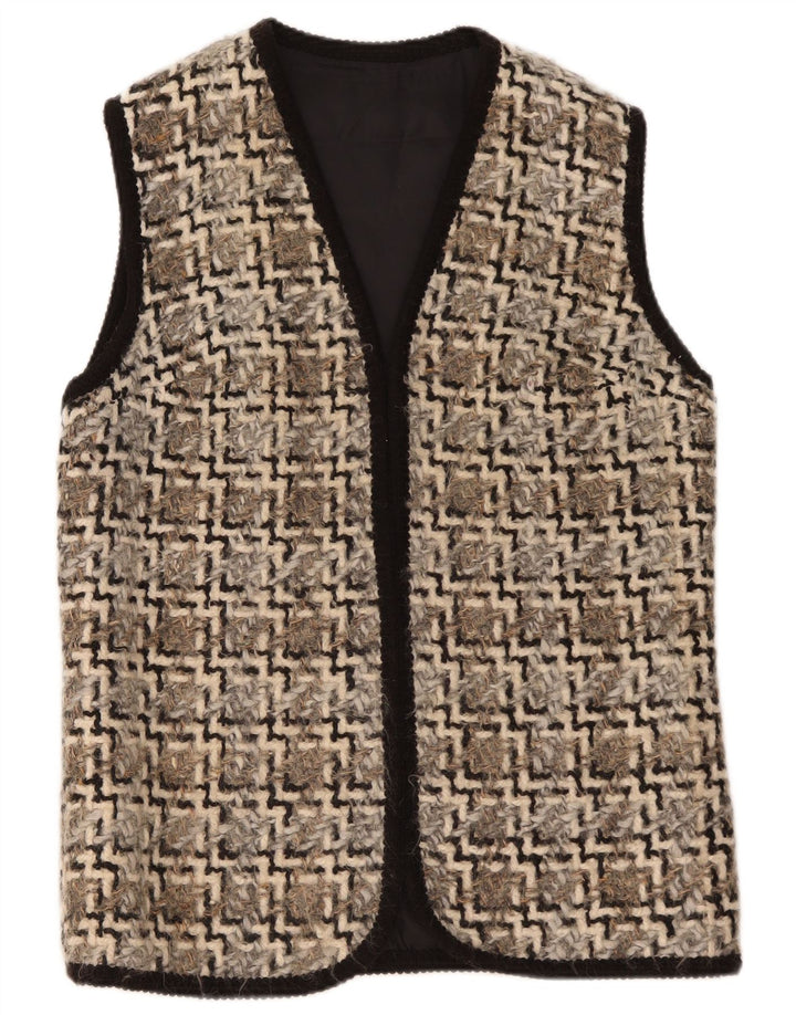 Gilet aperto da donna vintage UK 14 beige medio geometrico