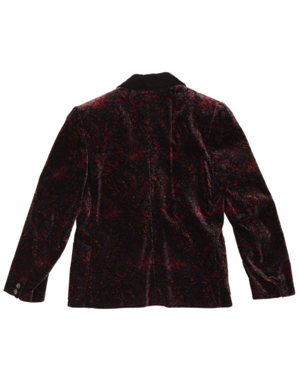 Giacca blazer in velluto da donna vintage a 1 bottone UK 12 medio bordeaux floreale