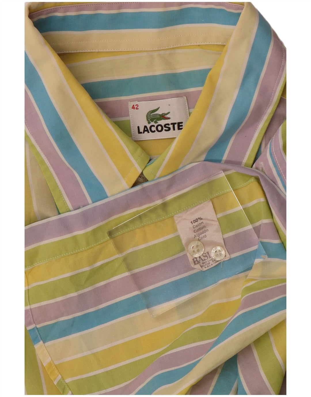 LACOSTE Camicia a maniche corte da uomo taglia 42 Grande cotone a righe multicolori