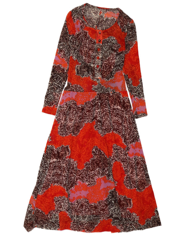 Abito lungo da donna vintage a maniche lunghe UK 12 Stampa animalier arancione medio
