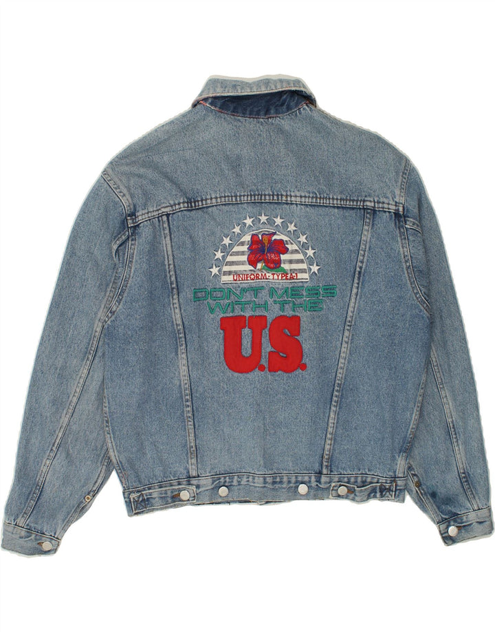UNIFORM Womens Graphic Denim Jacket UK 16 Large Blue Cotton Vintage Uniform and Second-Hand Uniform from Messina Hembry 