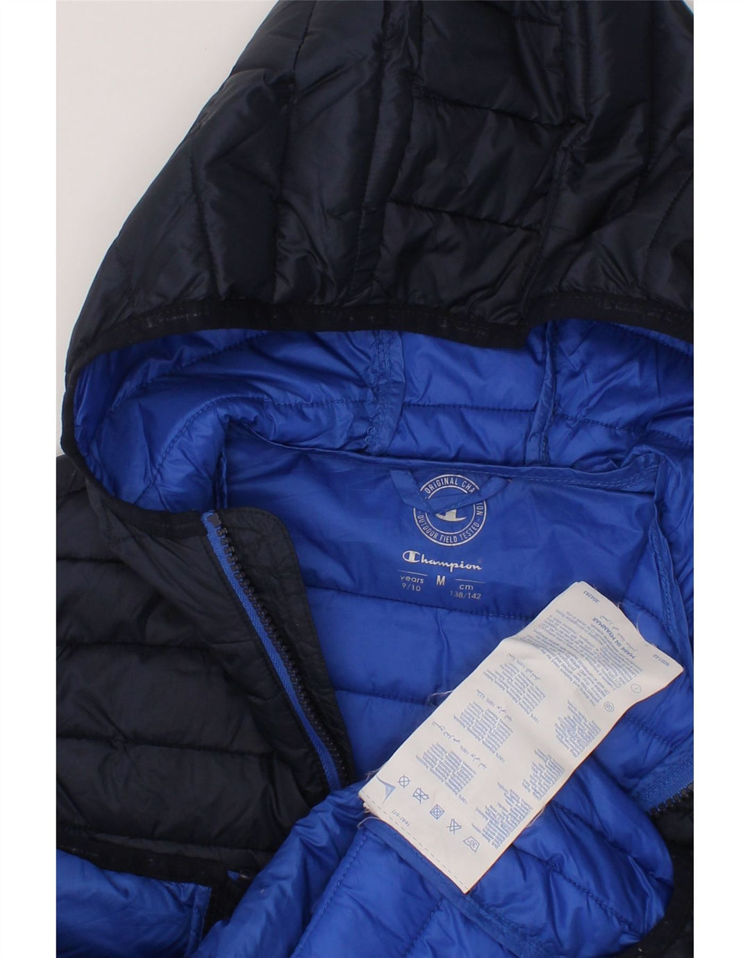 CHAMPION Boys Hooded Padded Gilet 9-10 Years Medium  Navy Blue Polyamide Vintage Champion and Second-Hand Champion from Messina Hembry 