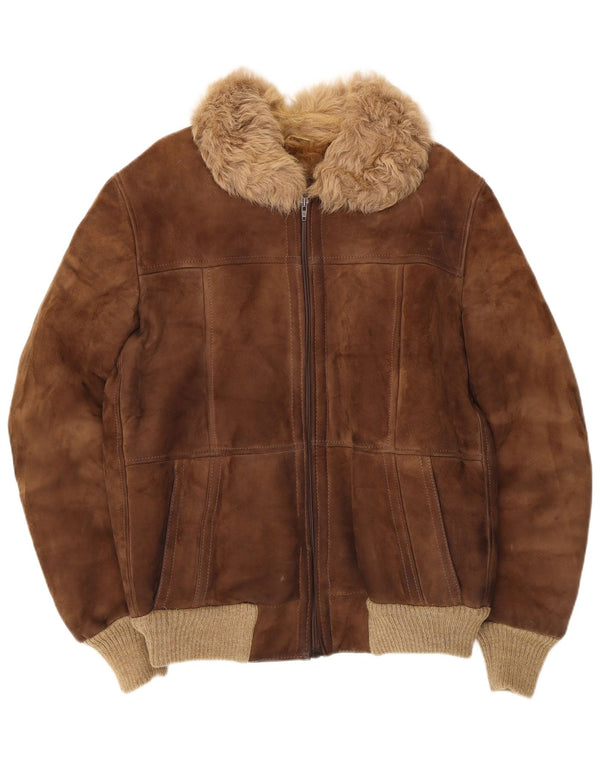 Giubbotto bomber in montone vintage da uomo IT 54 2XL in pelle marrone