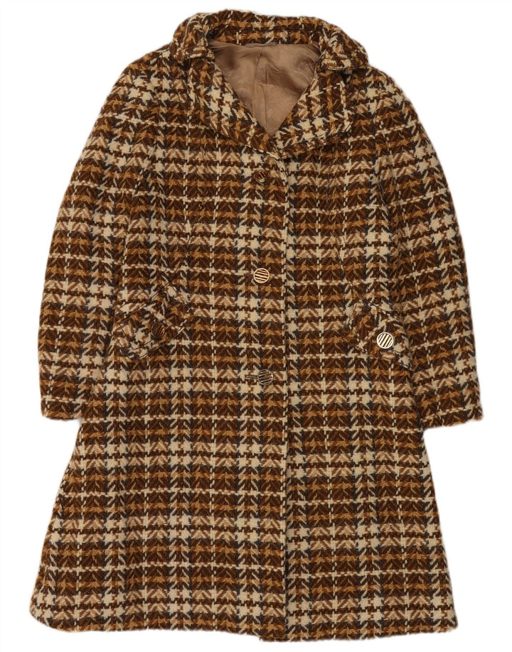 Soprabito da donna vintage UK 8 piccolo in lana a spina di pesce marrone