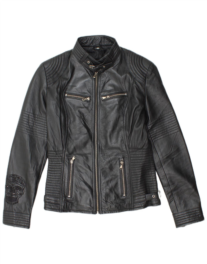 Giacca da motociclista in pelle grafica da donna vintage EU 38 Pelle nera media