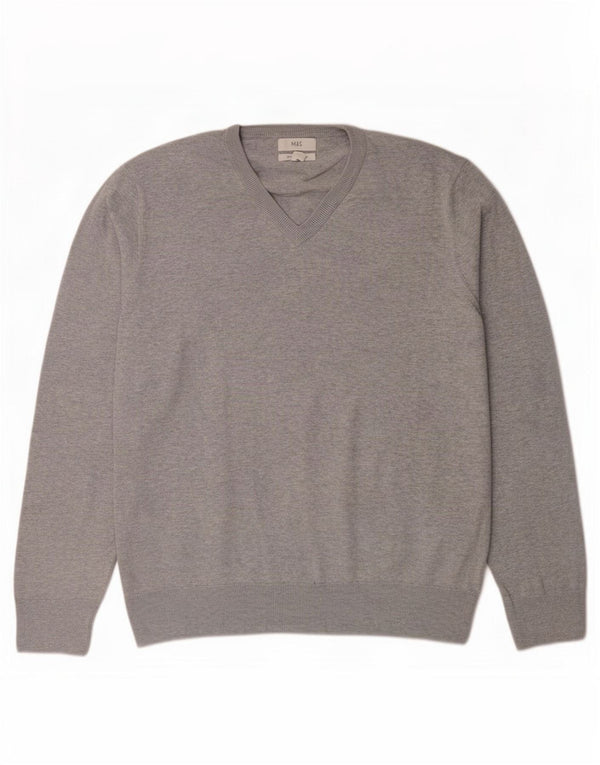 Maglione maglione con scollo a V da donna Marks & Spencer UK 18 XL Cotone chiazzato grigio