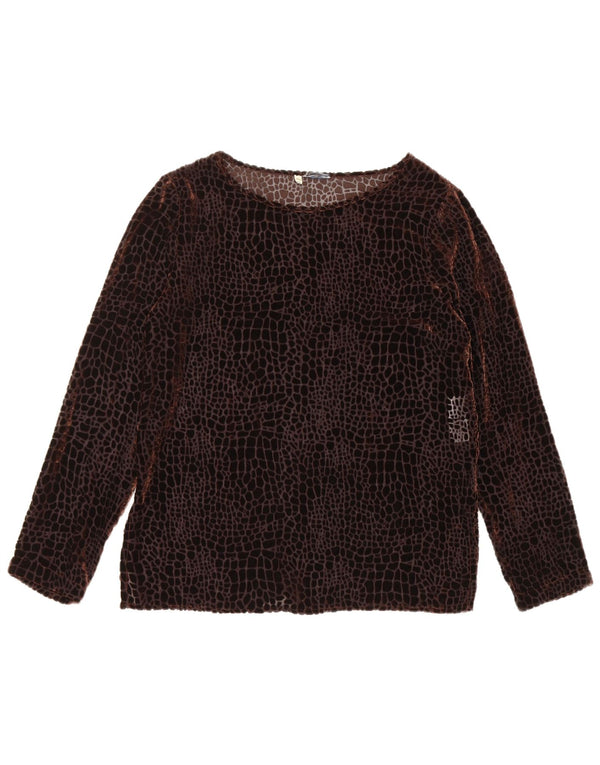 Top trasparente da donna vintage a maniche lunghe UK 8 piccola stampa animalier marrone