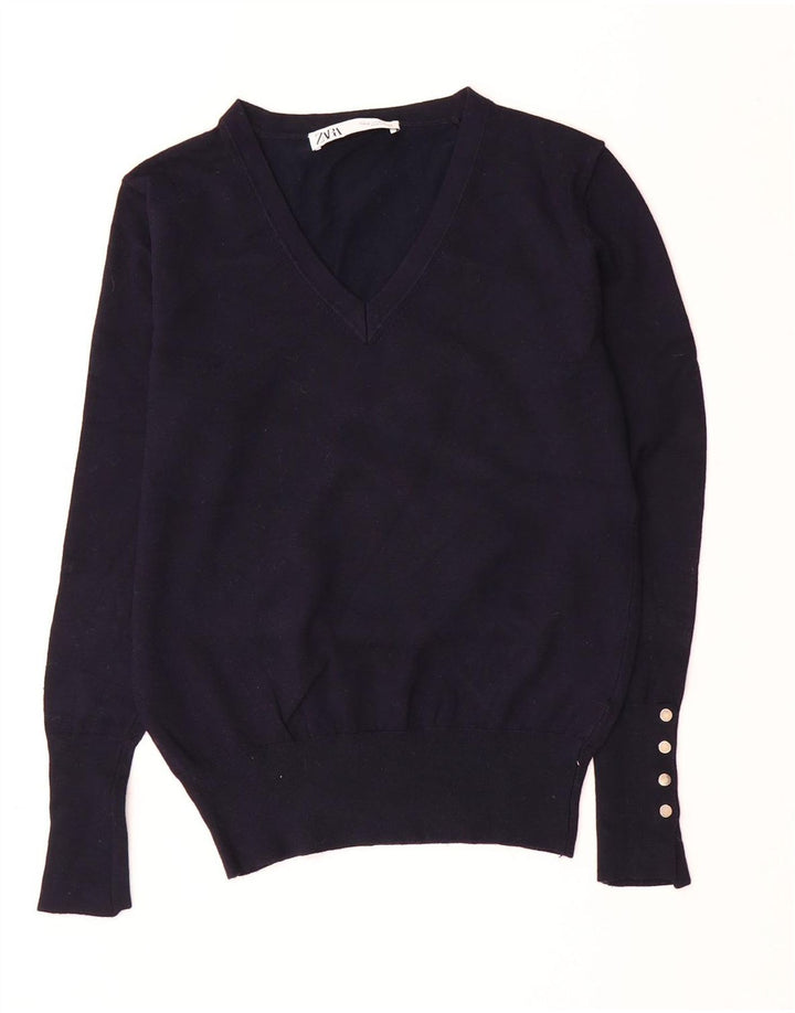 ZARA Maglione Corto da Donna con Scollo a V UK 12 Medio Blu Navy