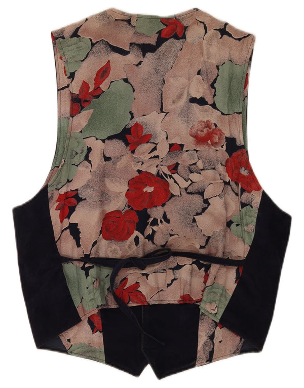 Gilet vintage da donna in pelle scamosciata UK 14 medio blu navy floreale