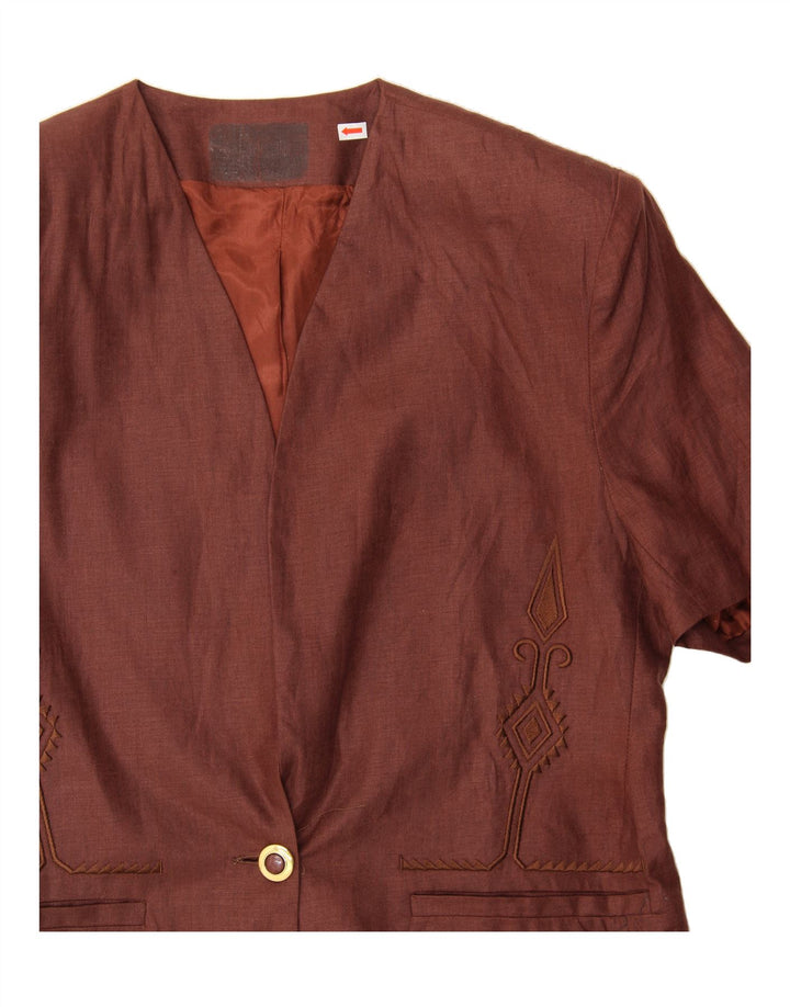 VINTAGE Womens Short Sleeve 1 Button Blazer Jacket UK 16 Large Brown Linen Vintage Vintage and Second-Hand Vintage from Messina Hembry 