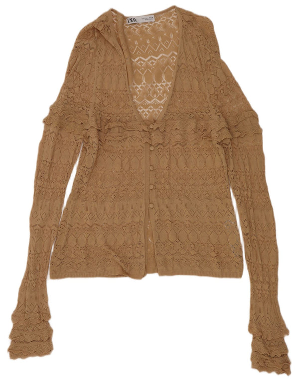 Top cardigan trasparente da donna Zara UK 14 grande viscosa beige