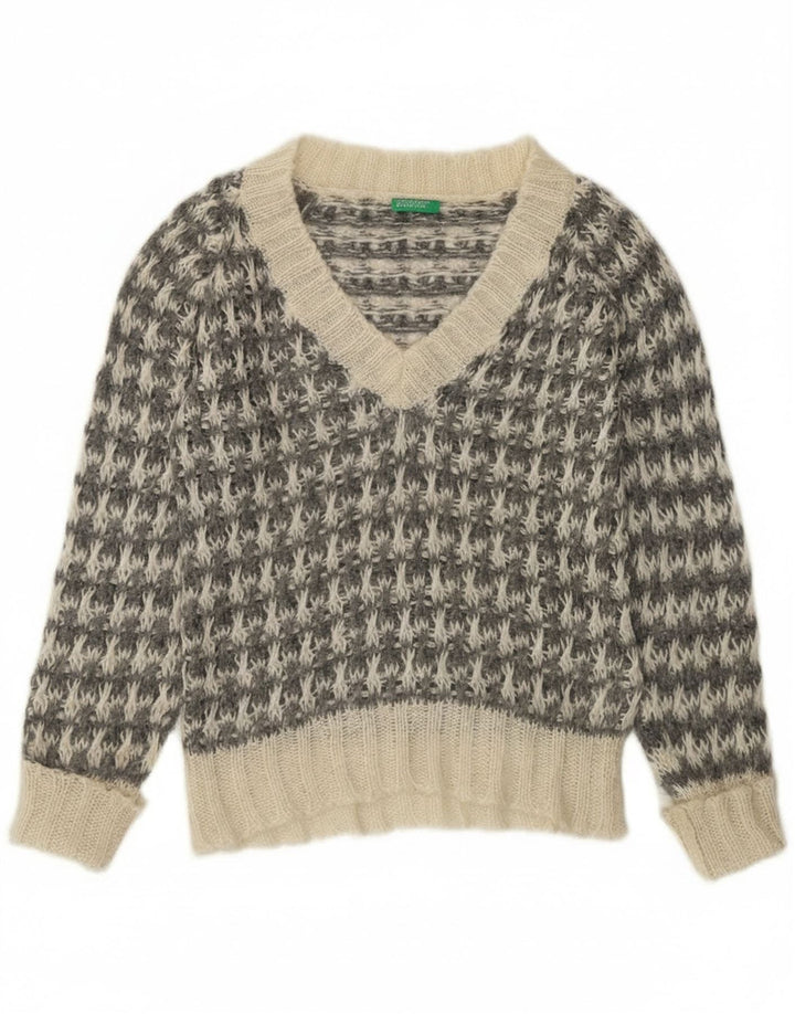 Maglione da donna con scollo a V Benetton UK 14 pied de poule grigio medio