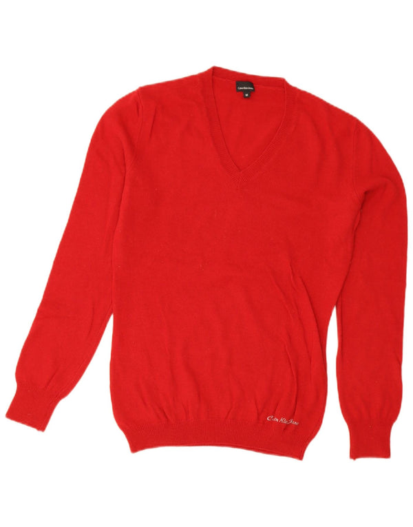 Maglione maglione con scollo a V da donna Calvin Klein Jeans UK 12 Lana rossa media