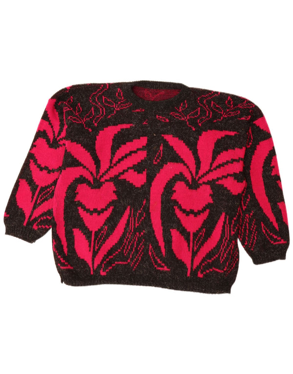 Maglione maglione con scollo a barca da donna VINTAGE UK 20 2XL Acrilico floreale nero