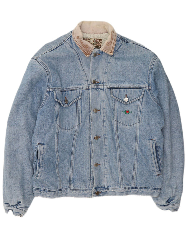 Giacca di jeans Sherpa vintage da uomo UK 40 grande cotone blu a blocchi di colore