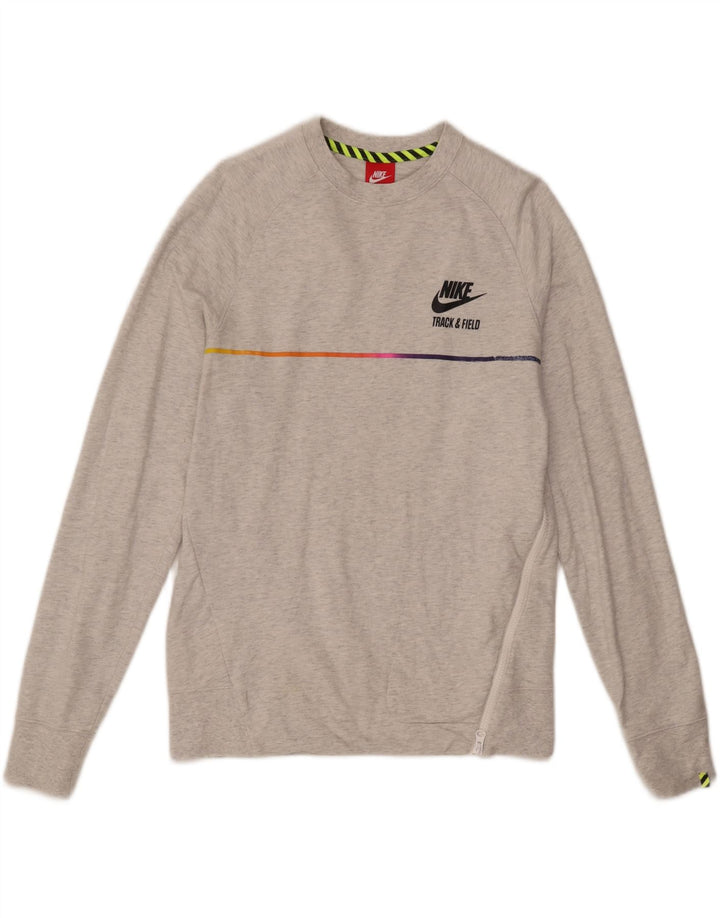 NIKE Womens Track & Field Graphic Sweatshirt Jumper UK 14 Medium Grey Vintage Nike and Second-Hand Nike from Messina Hembry 