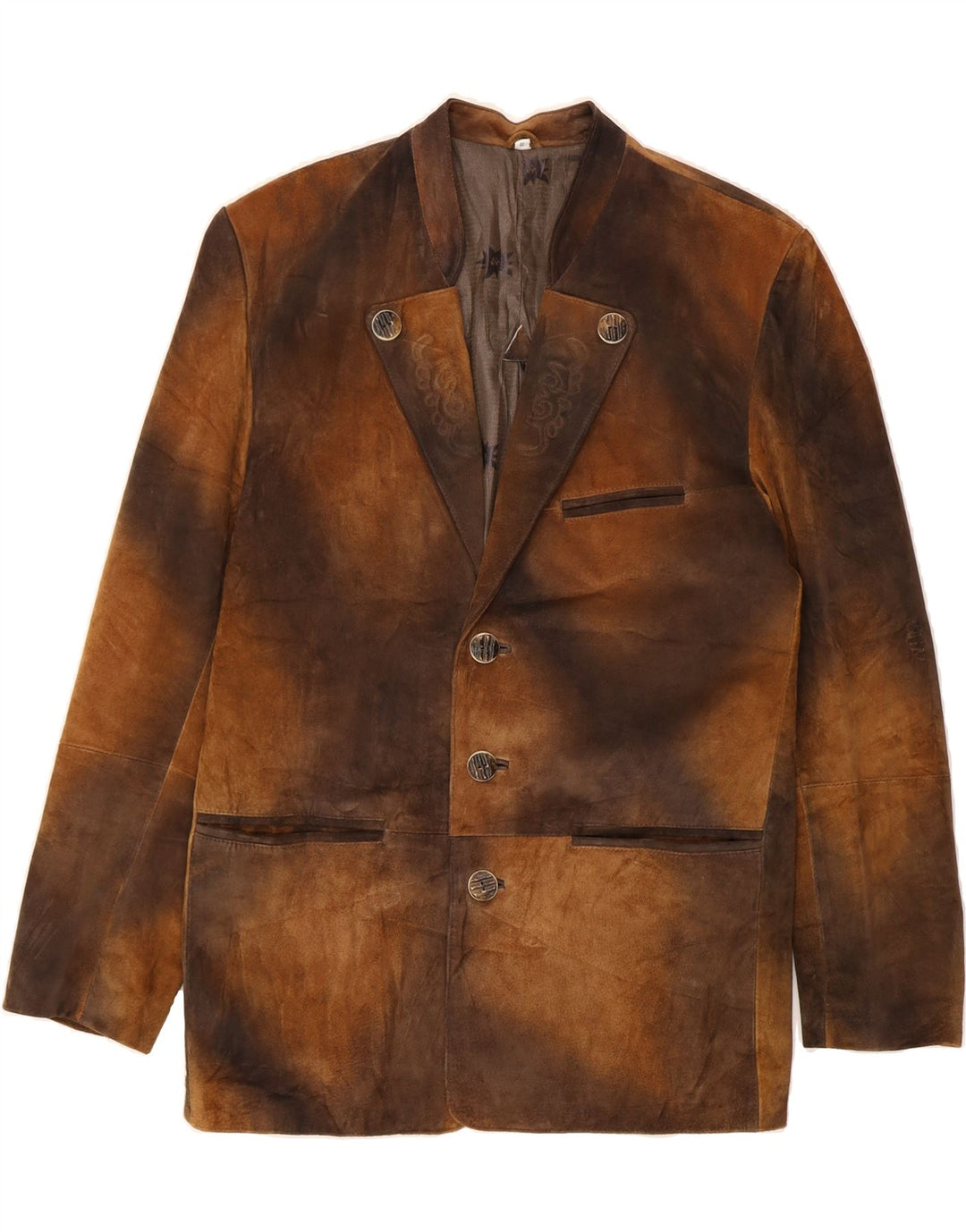 Giacca blazer da uomo a 3 bottoni VINTAGE IT 48 in pelle tie dye marrone medio