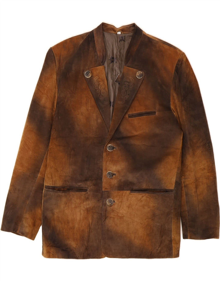 Giacca blazer da uomo a 3 bottoni VINTAGE IT 48 in pelle tie dye marrone medio
