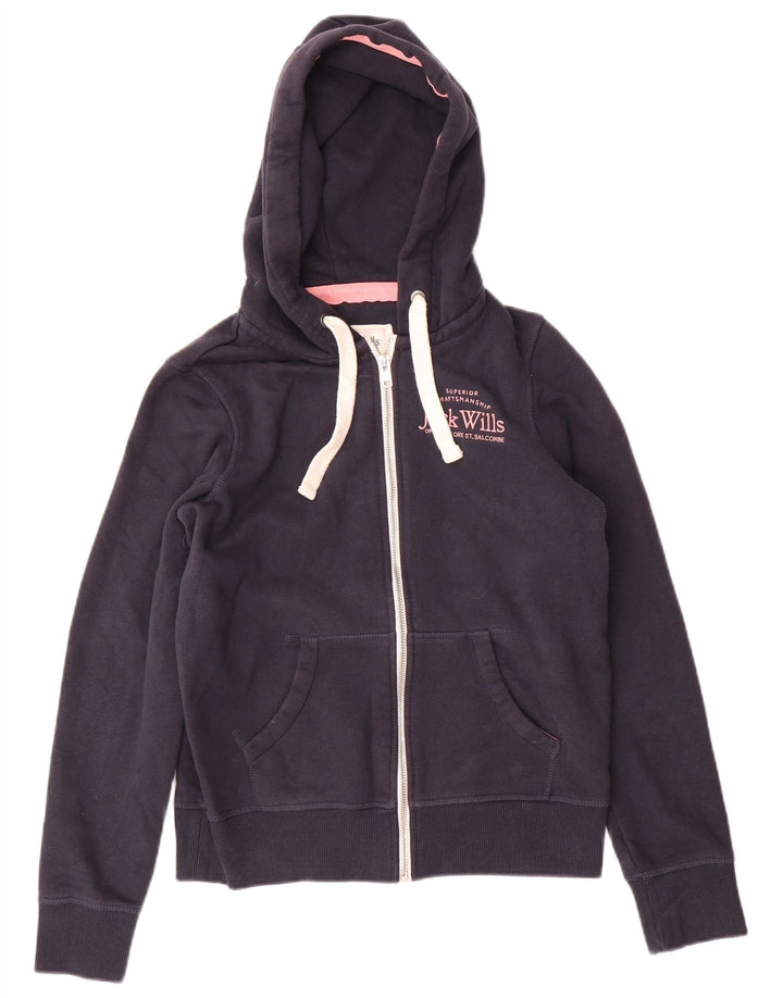 JACK WILLS Felpa con cappuccio e zip grafica da donna UK 8 Small Cotone blu navy