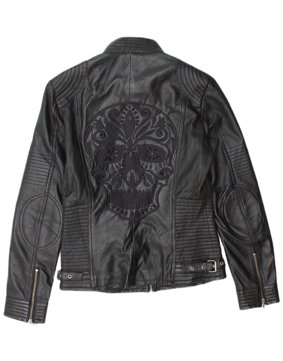 Giacca da motociclista in pelle grafica da donna vintage EU 38 Pelle nera media