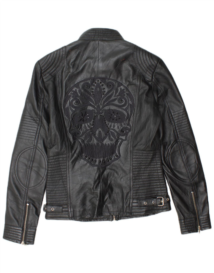 Giacca da motociclista in pelle grafica da donna vintage EU 38 Pelle nera media