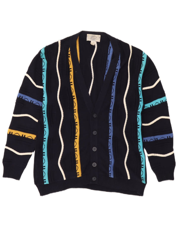 Maglione cardigan da uomo vintage in cotone a righe medie blu navy